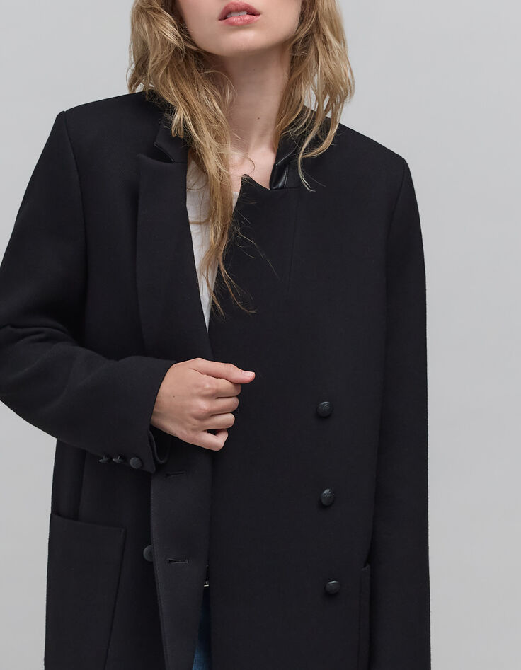 Women's black pea jacket with closed tailoring collar-4