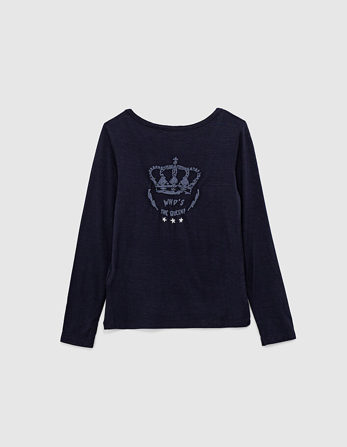 Girls' navy button-neck T-shirt with textured crown back - IKKS
