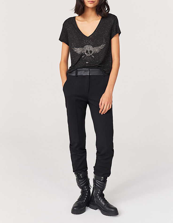 Tee-shirt col V noir métallisé visuel tête de mort femme-6