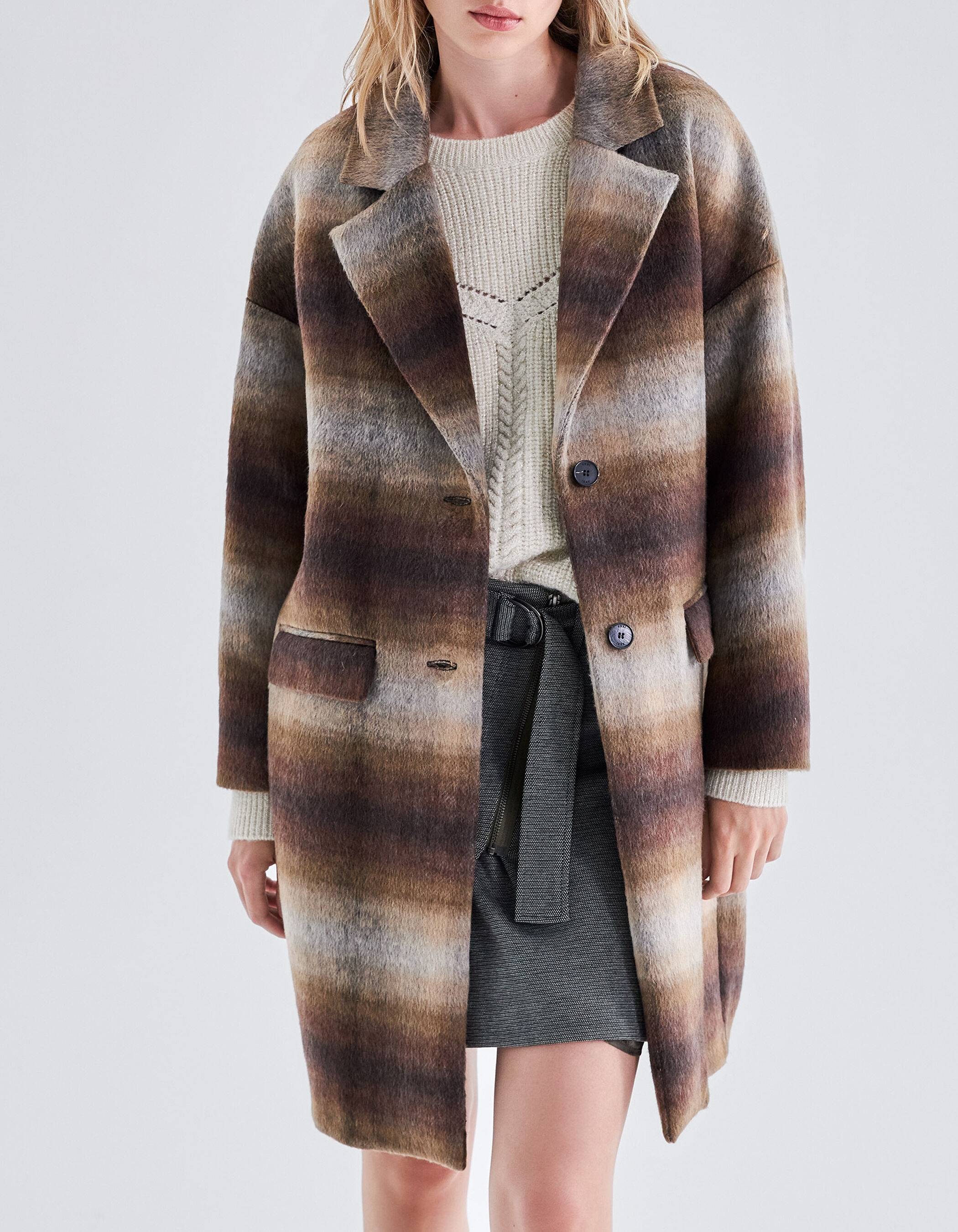 Manteau sienne lainage motif carreaux flous Femme