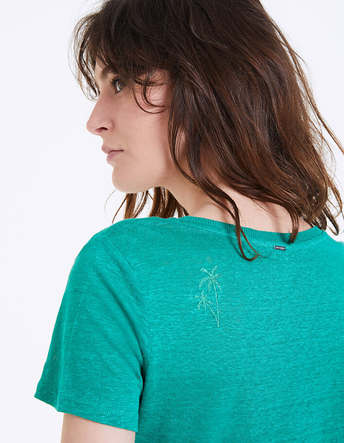 Camiseta lino verde bordado palmera detrás mujer - IKKS