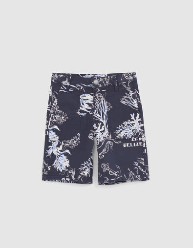 Boys’ navy Bermuda shorts with coral and anchor print - IKKS