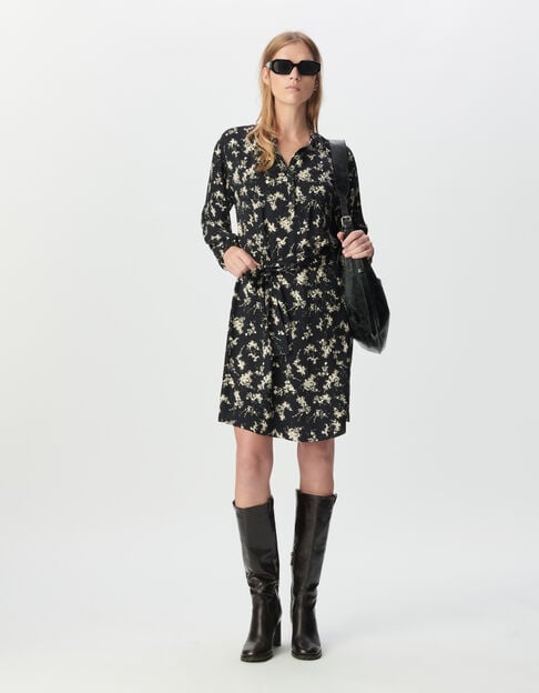 Robe noire imprimé fleurs sauvages ceinture amovible Femme - IKKS