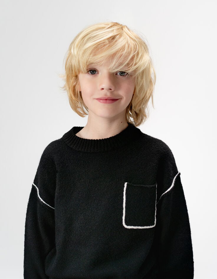 Pull noir tricot poche poitrine garçon-2