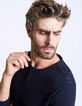 Men's navy, waffle weave, button-neck T-shirt -4