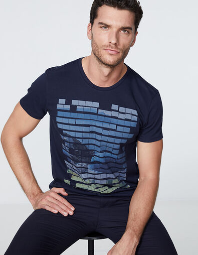 Marineblaues Herren-T-Shirt mit Fotoprint Kykladen - IKKS