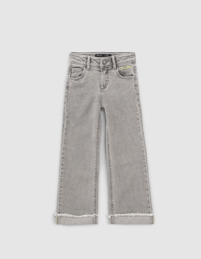 Girls’ grey WIDE LEG jeans, fixed fringed turned up cuffs - IKKS