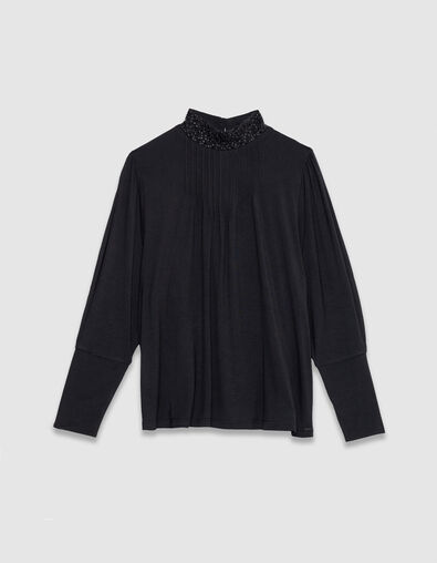 Zwart top met lange mouwen en sierkraag voor dames - IKKS