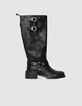 Women’s black leather biker boots with double buckle-1