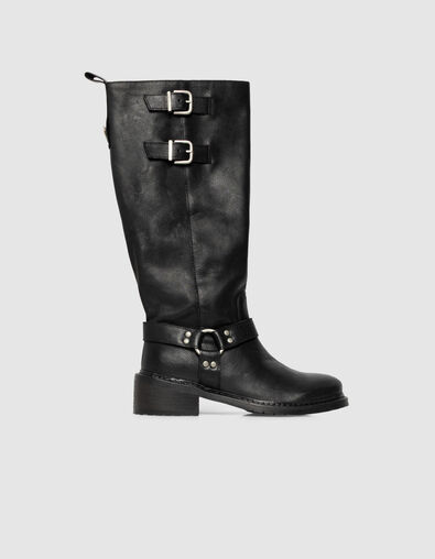 Women’s black leather biker boots with double buckle - IKKS