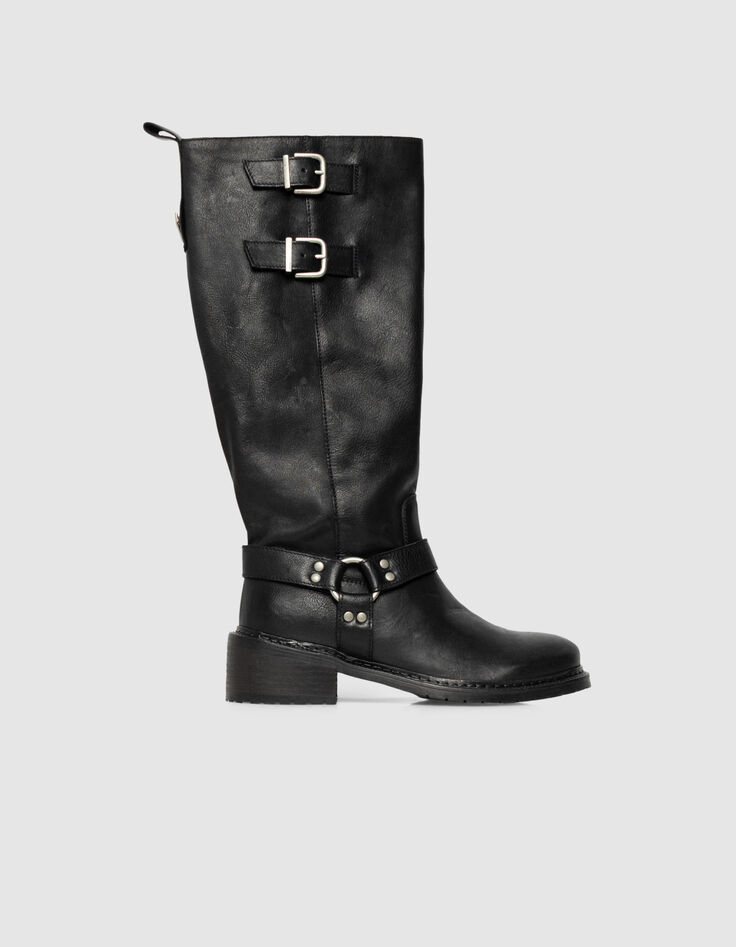 Women’s black leather biker boots with double buckle-1 Women’s black leather biker boots with double buckle-1