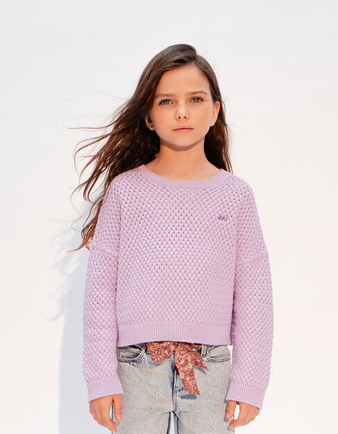 Girls' lilac cross stitch knit sweater - IKKS