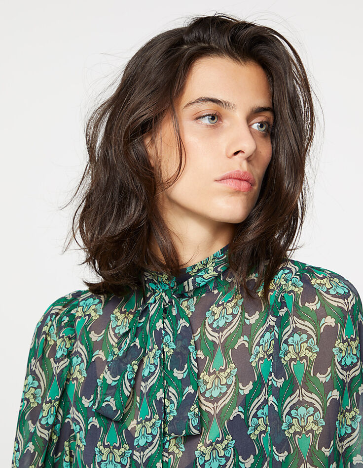 Blouse col montant lavalière voile imprimé peacock femme-4