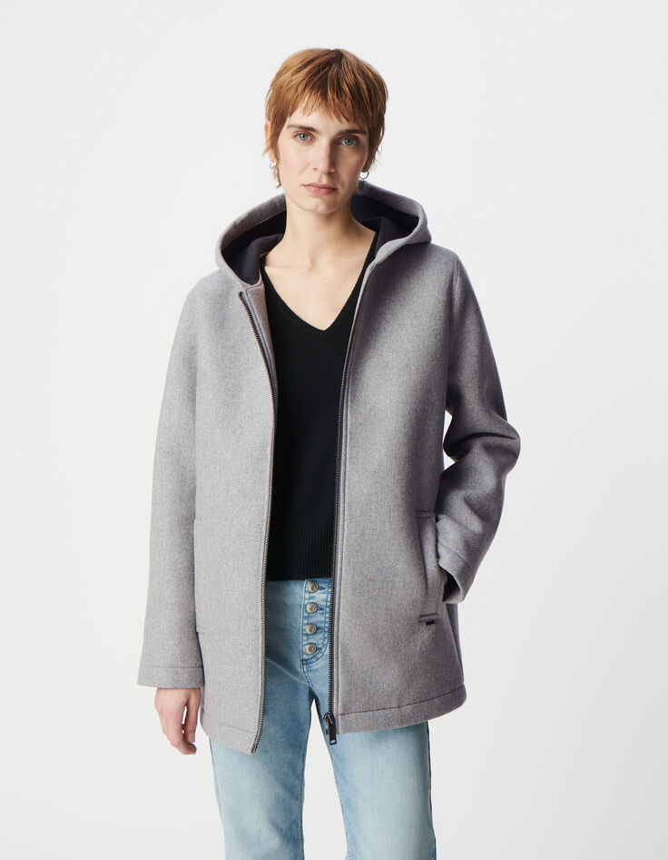 Grauer Mantel mit Kapuze aus Flanellwolle für Damen-2