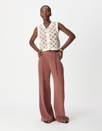 Pantalon large bordeaux gaze de coton Femme - IKKS