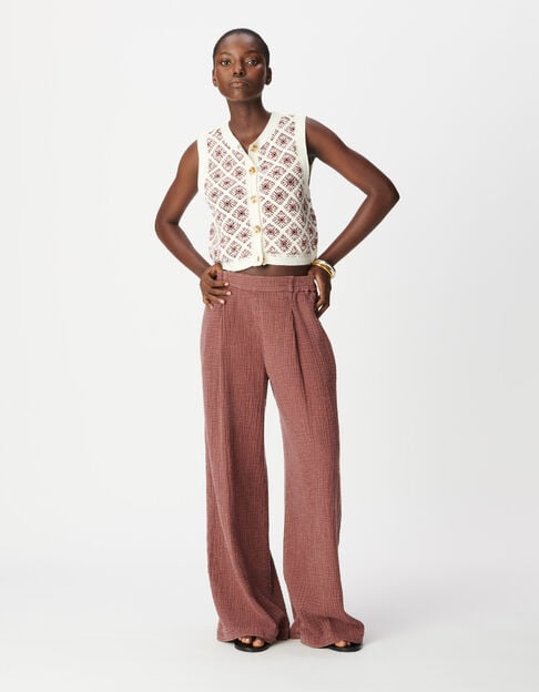 Pantalon large bordeaux gaze de coton Femme - IKKS