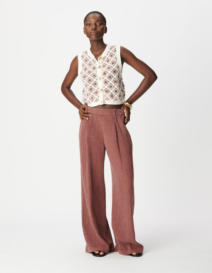 Pantalon large bordeaux gaze de coton Femme-1