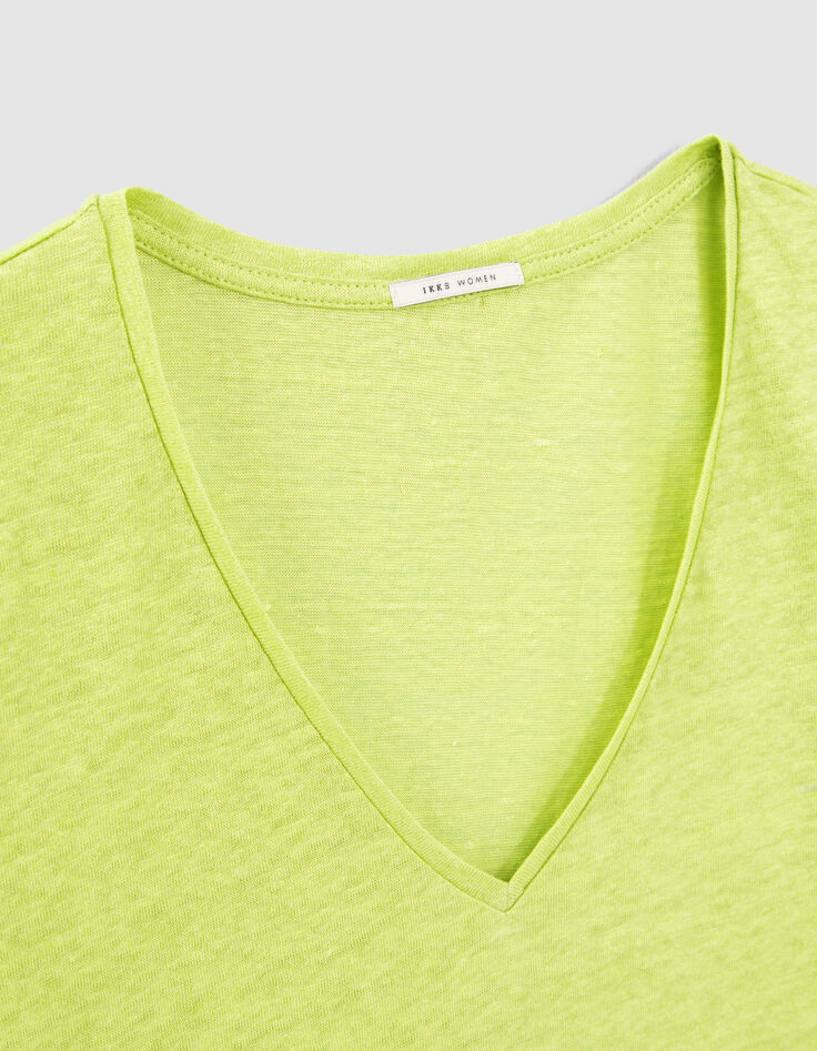 Minzgrünes Damen-T-Shirt, V-Ausschnitt, Leinenjersey-2