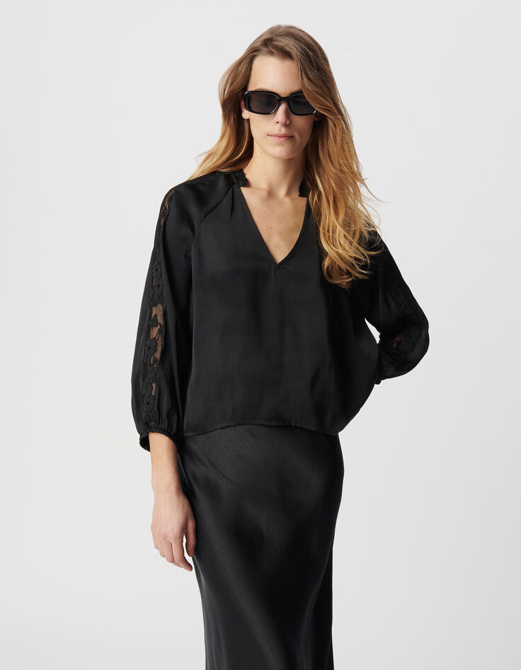Blouse noire effet froissé avec dentelle Femme-3