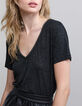 Tee-shirt noir lurex encolure V bijou Femme-4
