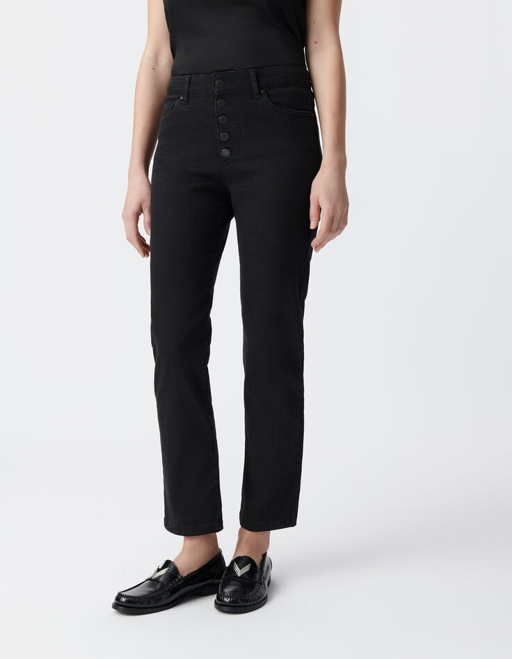 Jean droit noir délavé boutons apparents Femme-2