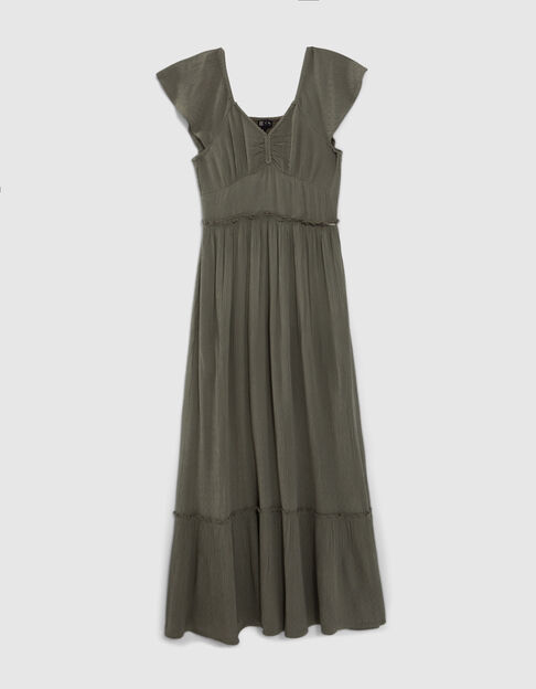 Robe longue kaki cr&eacute;pon d&eacute;cor tresses fille - IKKS