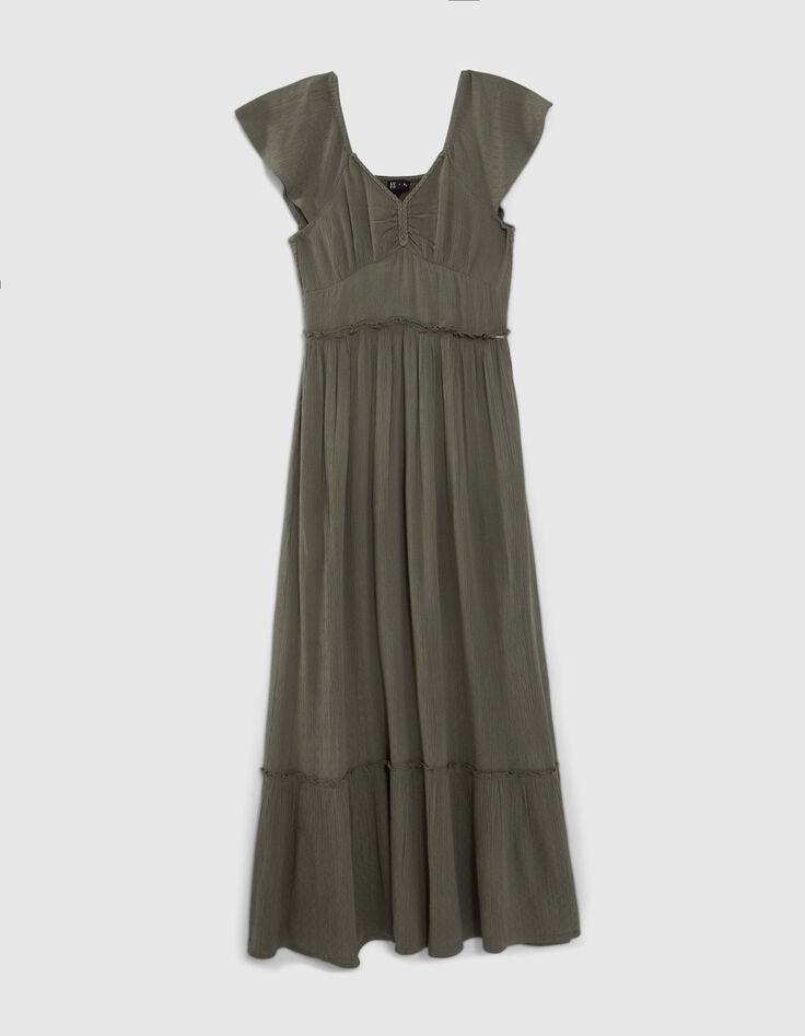 Vestido largo caqui crep&eacute; trenzas ni&ntilde;a-1
