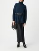 Women's navy rib-knit turtleneck sweater with lurex trim-1