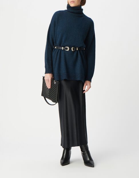 Women's navy rib-knit turtleneck sweater with lurex trim - IKKS