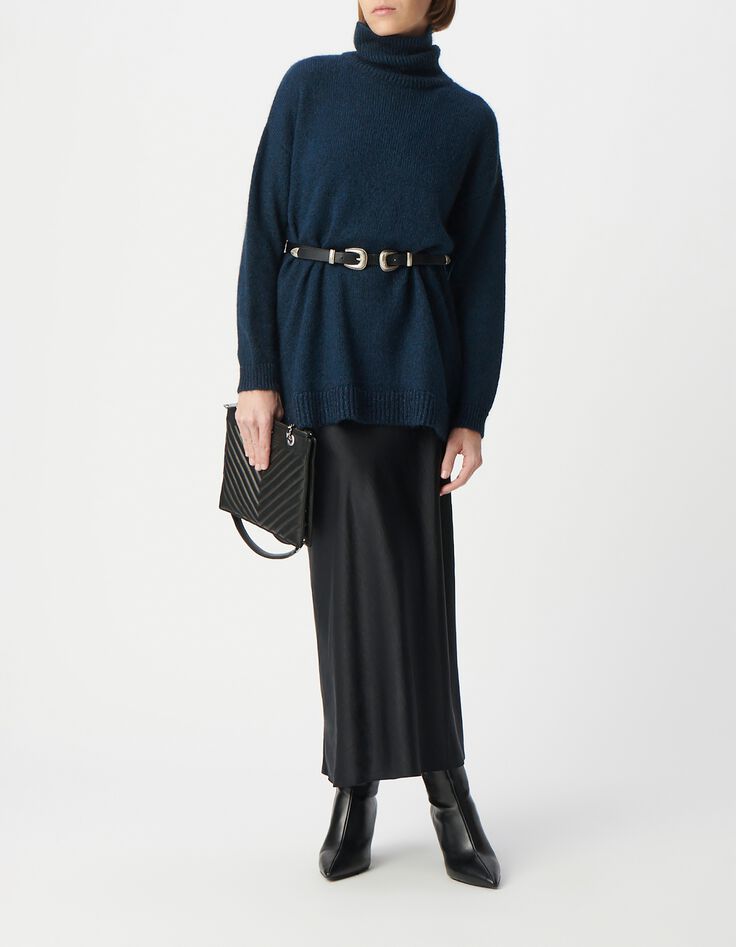 Women's navy rib-knit turtleneck sweater with lurex trim-1