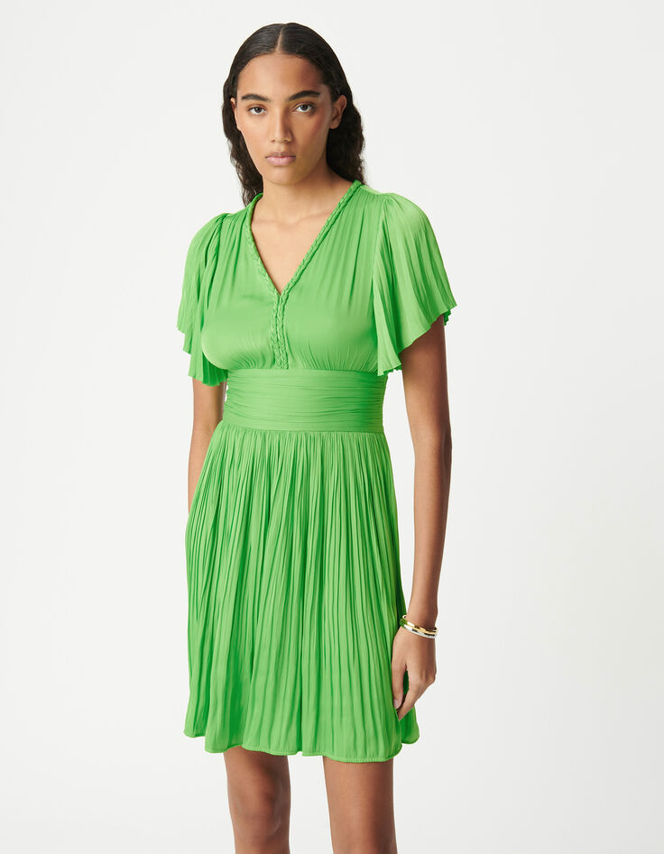 Women's green satin pleated short dress-2