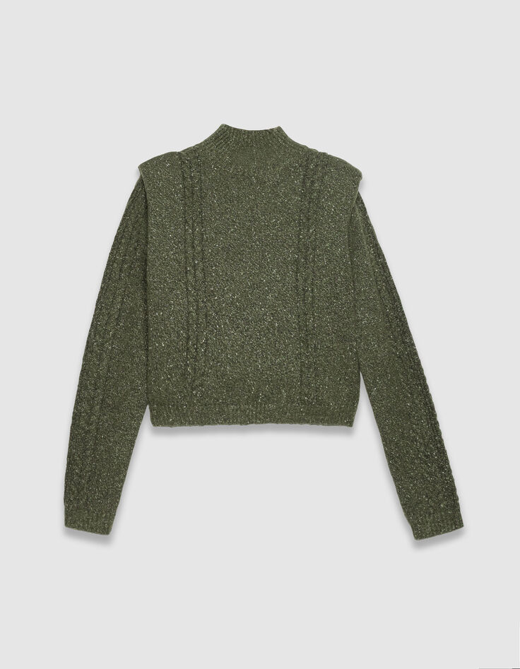 Khaki Damenstrickpulli Lurex, Schulterpolster, Zopfmuster-6