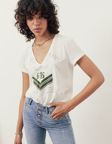 Cremeweißes Damen-T-Shirt aus Biobaumwolle mit Fischgräten - IKKS