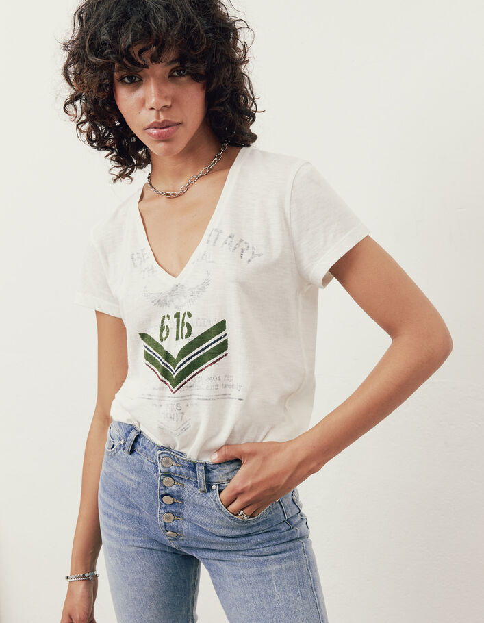 Cremeweißes Damen-T-Shirt aus Biobaumwolle mit Fischgräten - IKKS