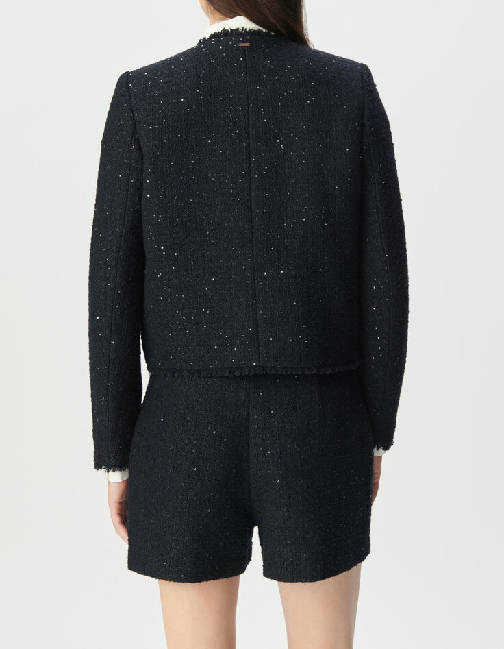 Marineblaue kurze Damenjacke Tweed-Effekt Paillettenstick-4