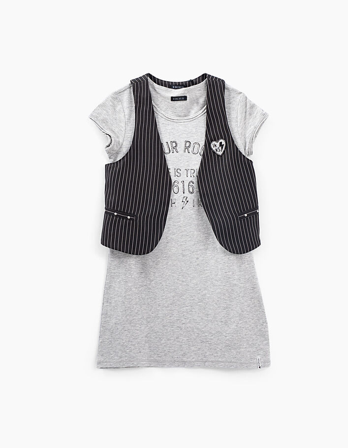 Girls’ medium grey marl 2-in-1 dress + striped waistcoat - IKKS
