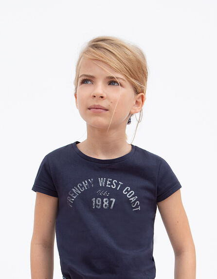 Girls’ navy organic T-shirt with flower scrunchie