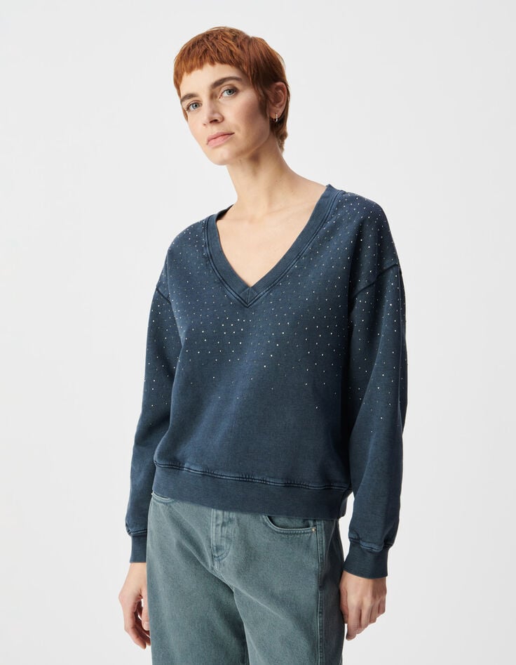 Mujer de algod&oacute;n org&aacute;nico azul marino de diamantes de imitaci&oacute;n su&eacute;ter con cuello en V-3