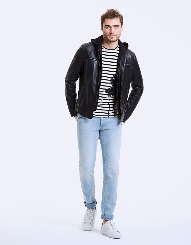 Blouson en cuir noir à capuche Homme-8
