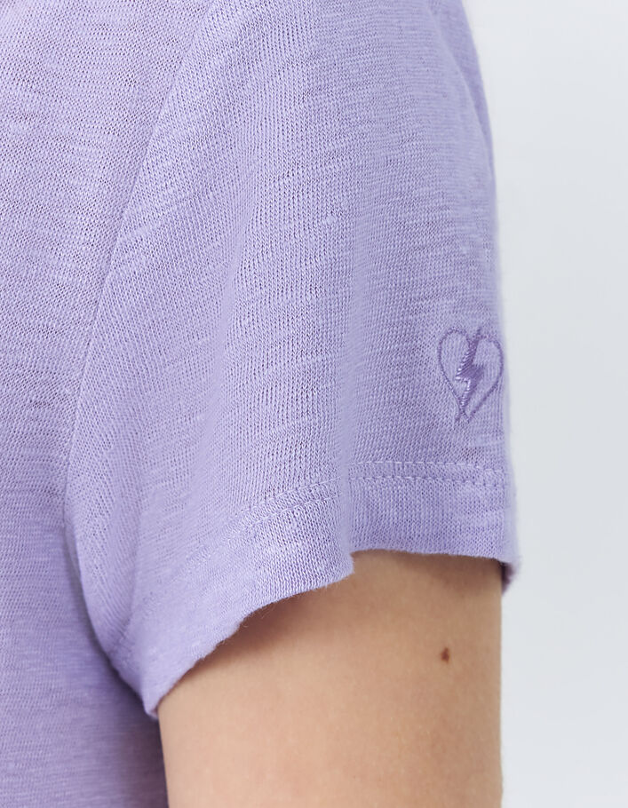 Women\'s lilac linen T-shirt, heart/lightning embroidery