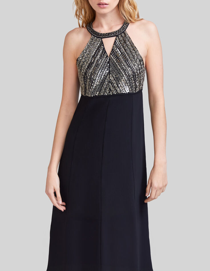 Vestido largo negro plastrón bordado cuentas metal mujer-5