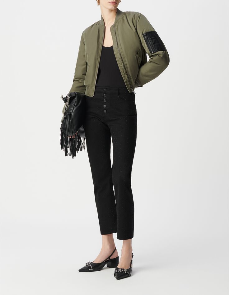 Kurzer khakifarbener Damen-Bomber mit zweiteiliger Rei&szlig;verschlusstasche-1