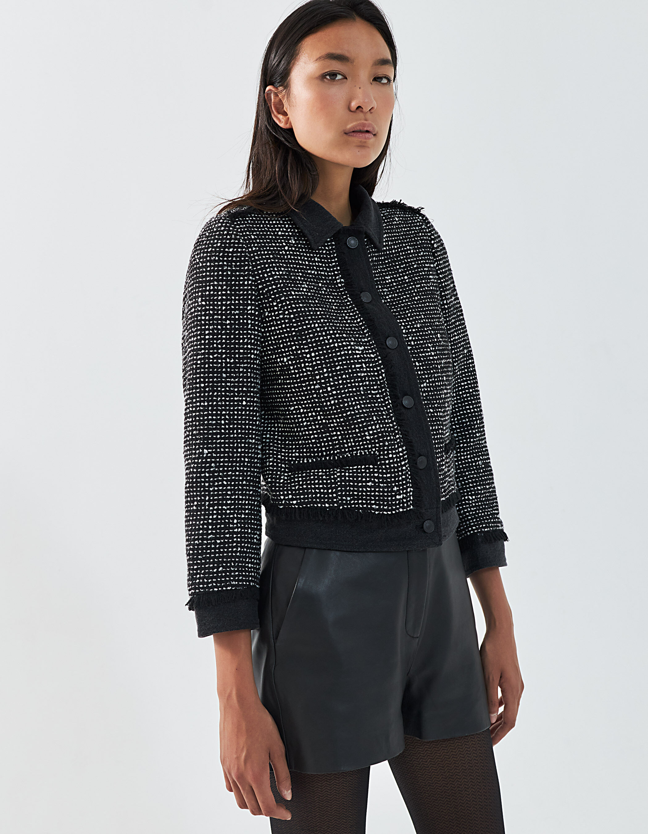 Veste noire en tweed et denim femme IKKS