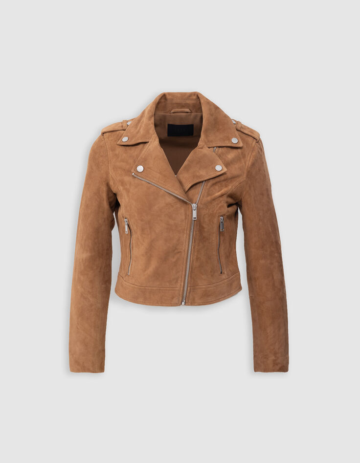 Veste camel cuir velours esprit motard Femme-6