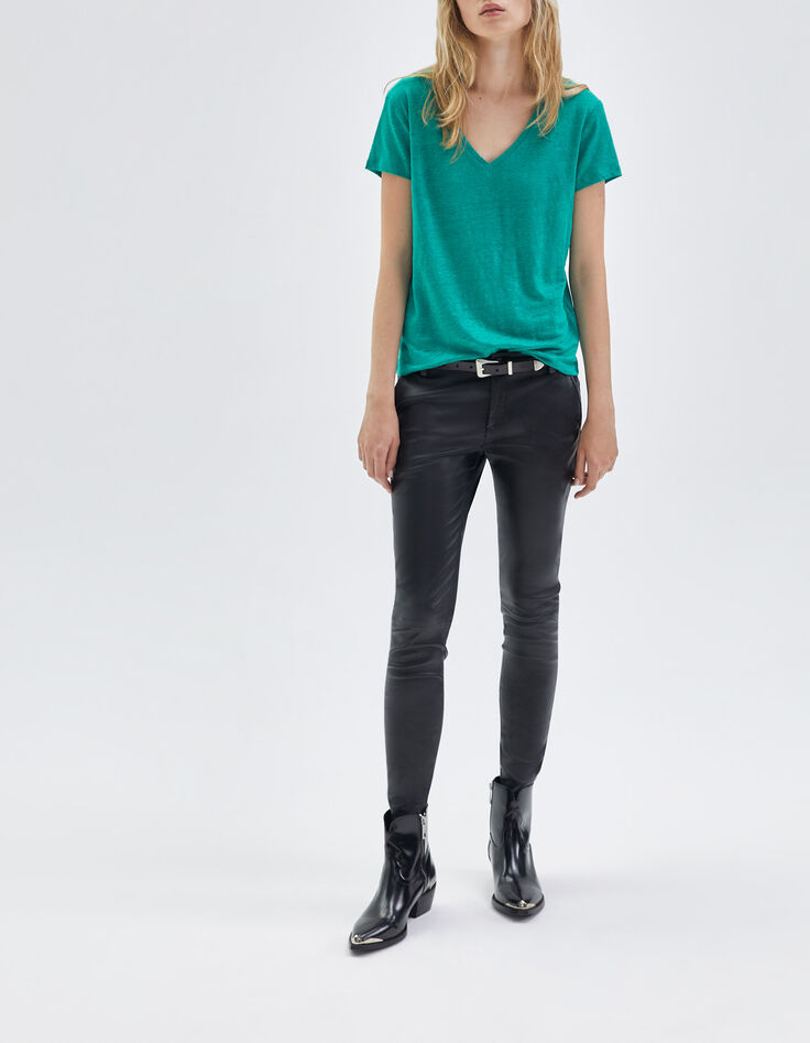 Mintgrünes Damen-T-Shirt aus Leinen mit Stickerei-5 Mintgrünes Damen-T-Shirt aus Leinen mit Stickerei-5