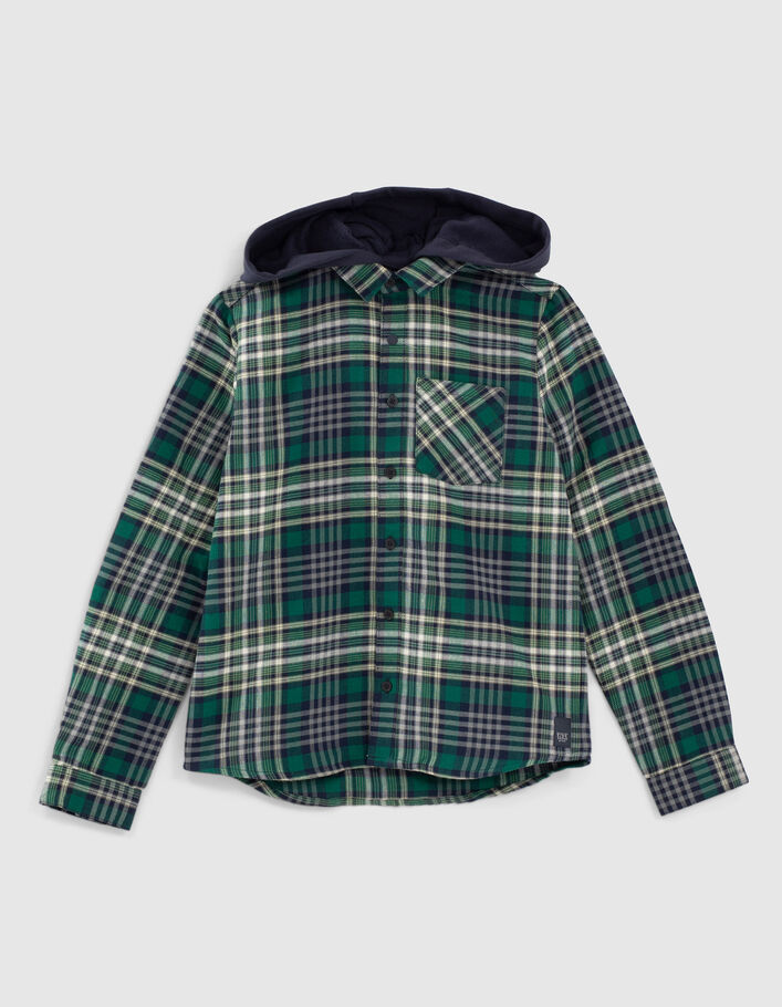 Boys’ racing green and navy check hooded shirt-2