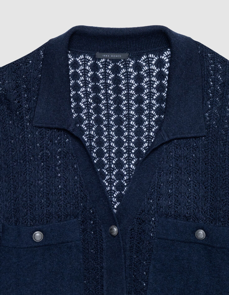 Cardigan court marine tricot fantaisie ajour&eacute; Femme-4