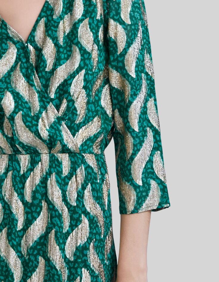 Robe longue émeraude imprimé feuilles dorées Femme-4