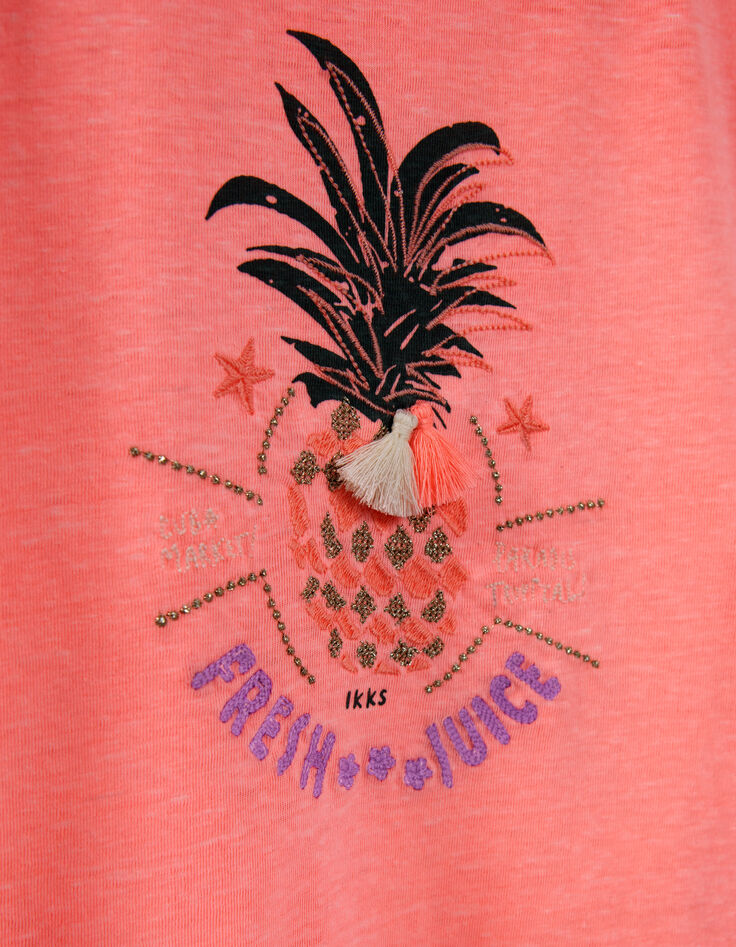 Neonrosa Mädchen-T-Shirt mit Ananasstickerei-5