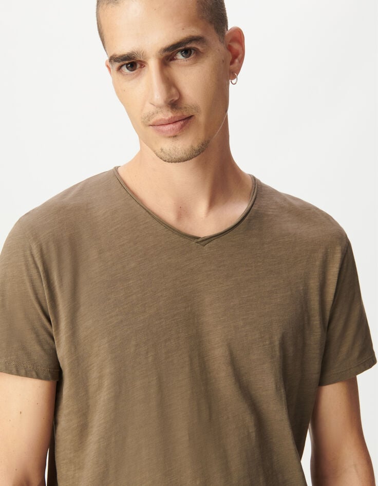 Beiges Herren-T-Shirt V-Ausschnitt geflammte Biobaumwolle-4 Beiges Herren-T-Shirt V-Ausschnitt geflammte Biobaumwolle-4